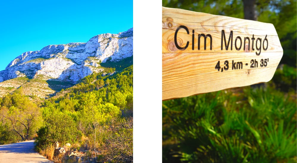 Nahaufnahme eines Wanderwegs des Naturparks Montgó zwischen Dénia und Jávea bei Sonnenaufgang