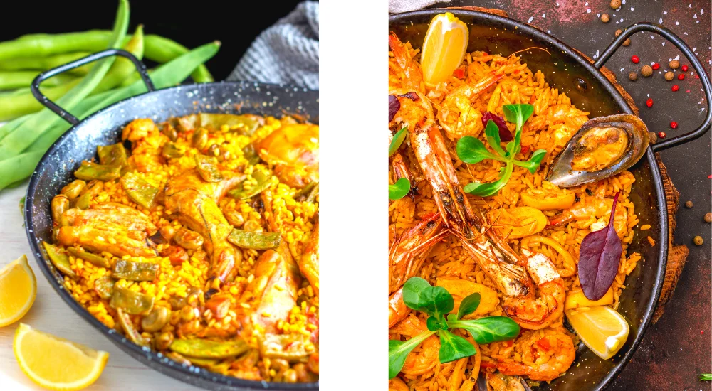 Paella Valenciana und Marisco in Pfanne 