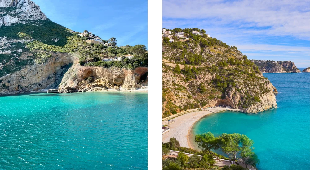 Blick auf das türkisfarbene Wasser der Cala Granadella in Javea